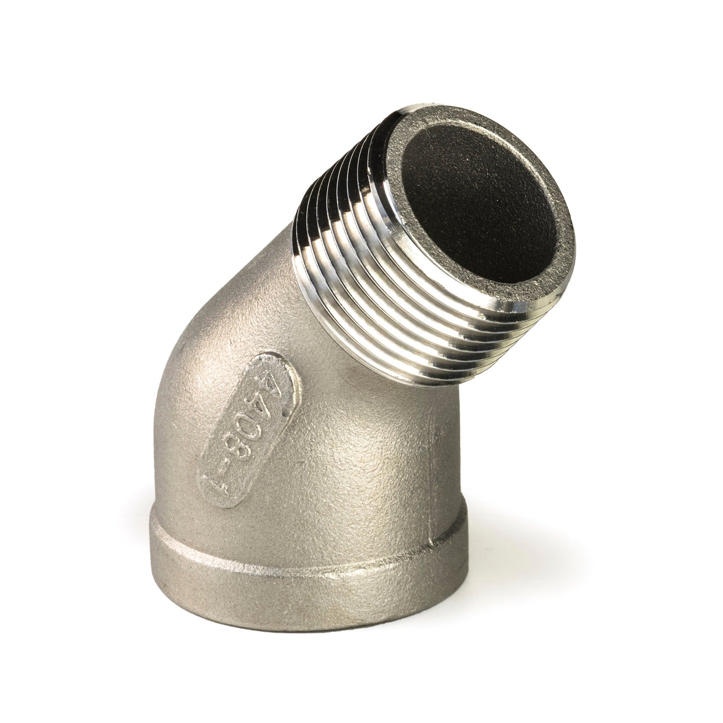 Elbow 45°, stainless steel, "lost wax", female thread x male thread, BSP ½"