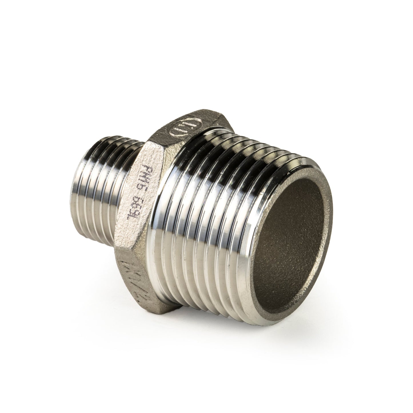 Double reducing nipple, stainless steel 316L, "lost wax", 2x male thread, BSP 1" x ½"