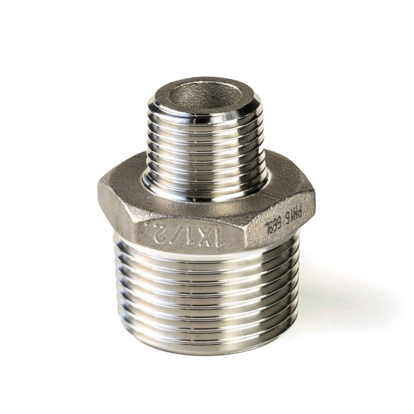 Double reducing nipple, stainless steel 316L, "lost wax", 2x male thread, BSP 1" x ½"