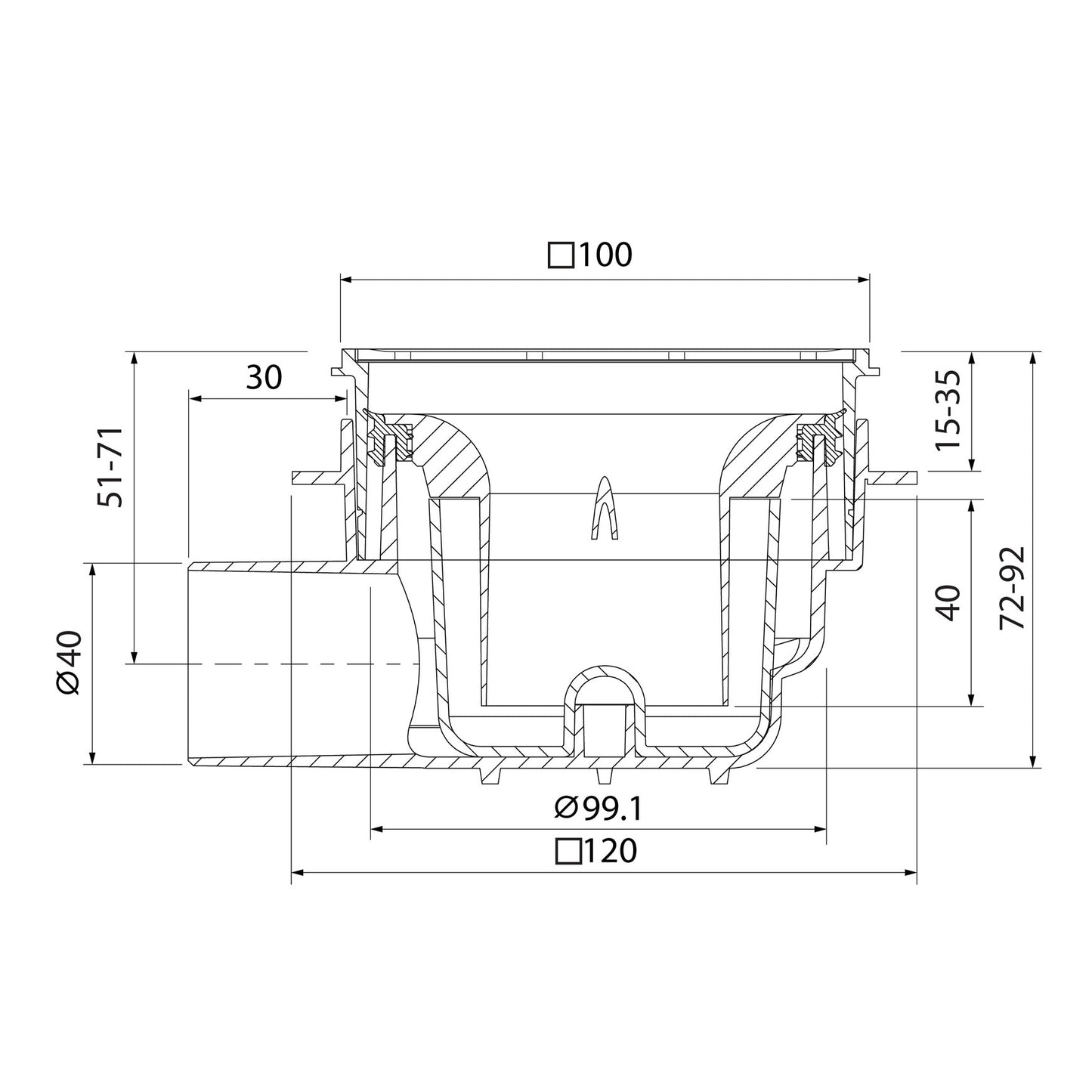 Floor drain with SS grate, ABS/SS 304, vert. adjustable, 100x100 mm, side outlet 40 mm, 0.4l/s, 3kN
