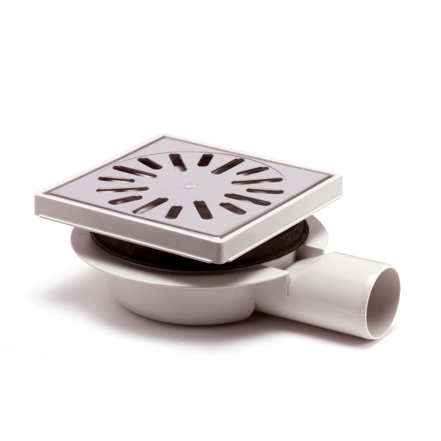 Floor drain with SS grate, ABS/SS 304, vert./hor. adj., 150x150mm, side outlet 50mm, 0.6l/s, 3kN