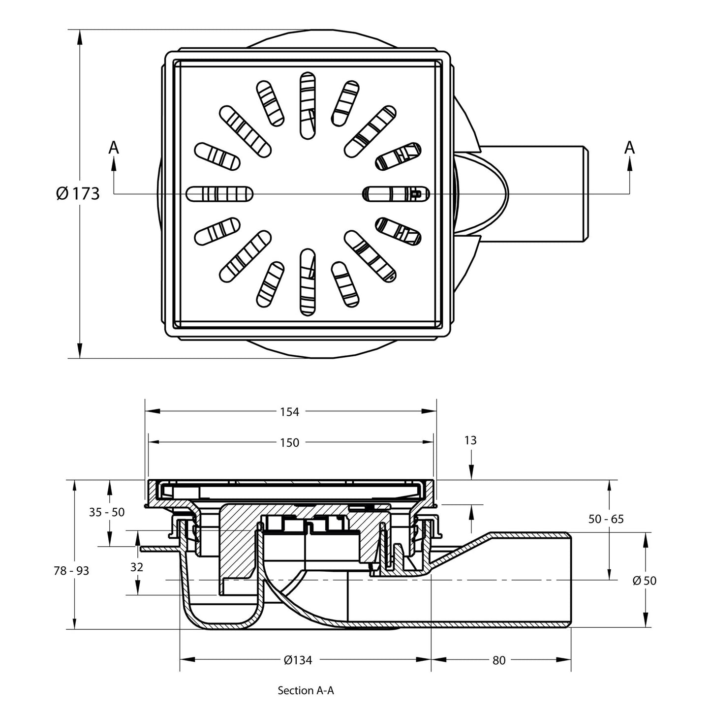 Floor drain with SS grate, ABS/SS 304, vert./hor. adj., 150x150mm, side outlet 50mm, 0.6l/s, 3kN