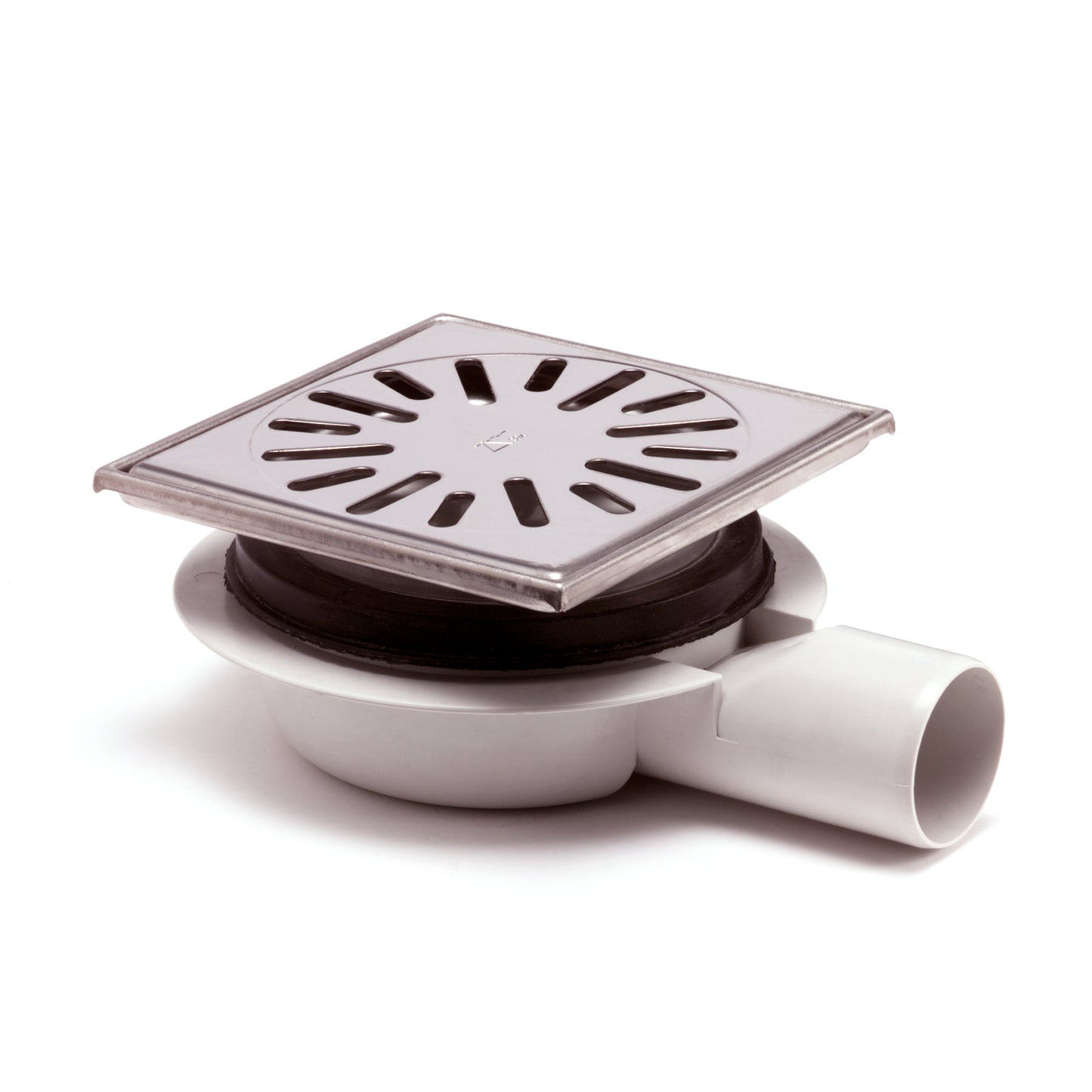 Floor drain with SS edge + grate, ABS/SS 304, vert. adj., 150x150mm, side outlet 50mm, 1.0l/s, 3kN