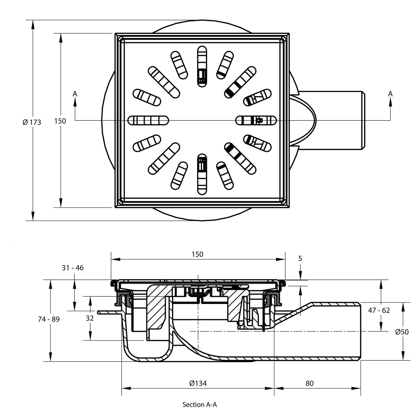 Floor drain with SS edge + grate, ABS/SS 304, vert. adj., 150x150mm, side outlet 50mm, 1.0l/s, 3kN