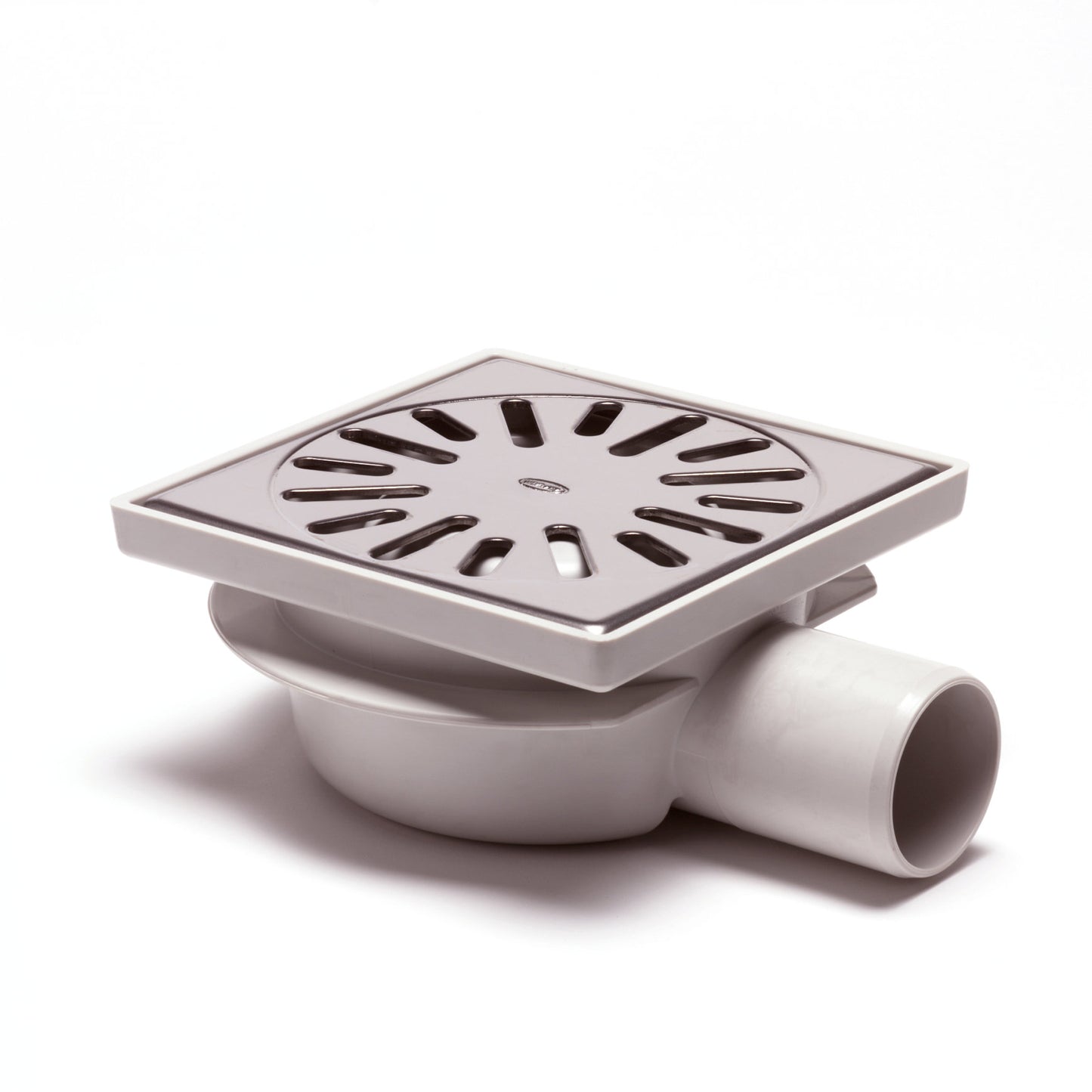 Floor drain with SS grate, ABS/SS 304, non-adjustable, low, 150x150 mm,side outl 50 mm, 0.6l/s, 3kN