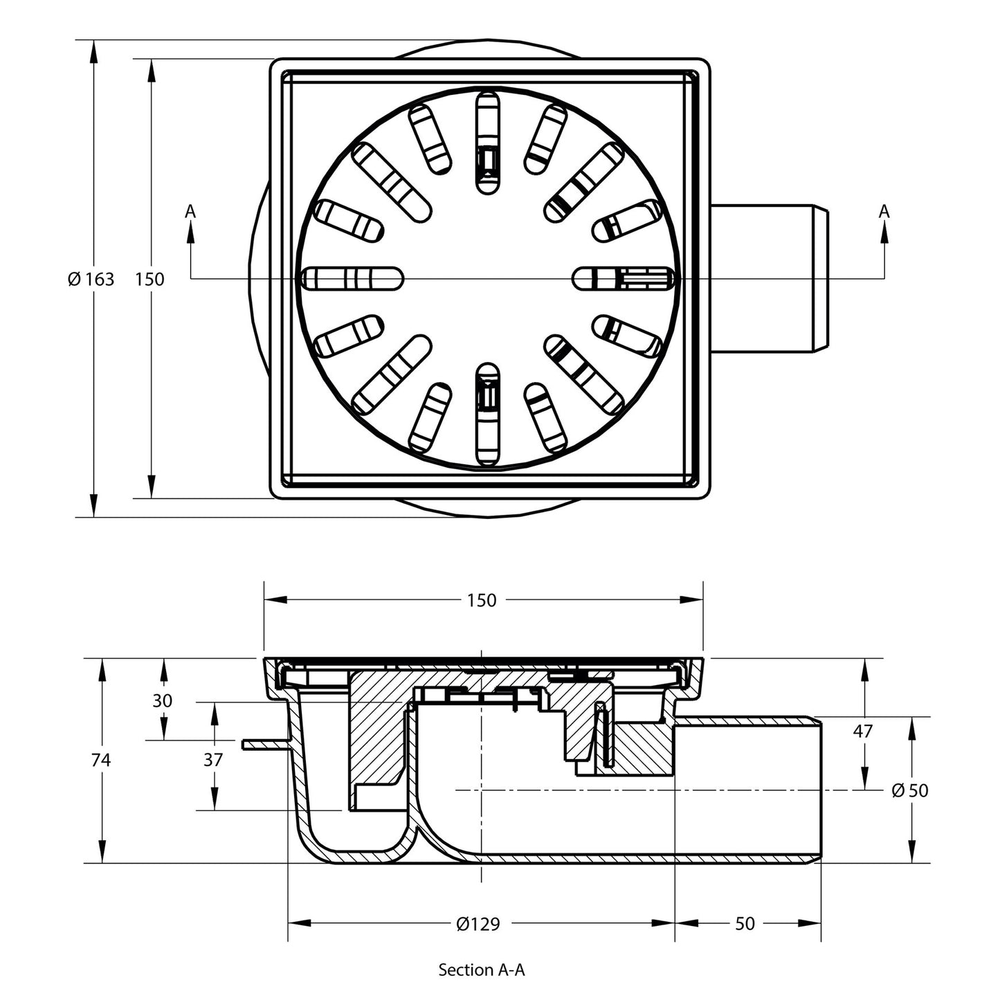 Floor drain with SS grate, ABS/SS 304, non-adjustable, low, 150x150 mm,side outl 50 mm, 0.6l/s, 3kN