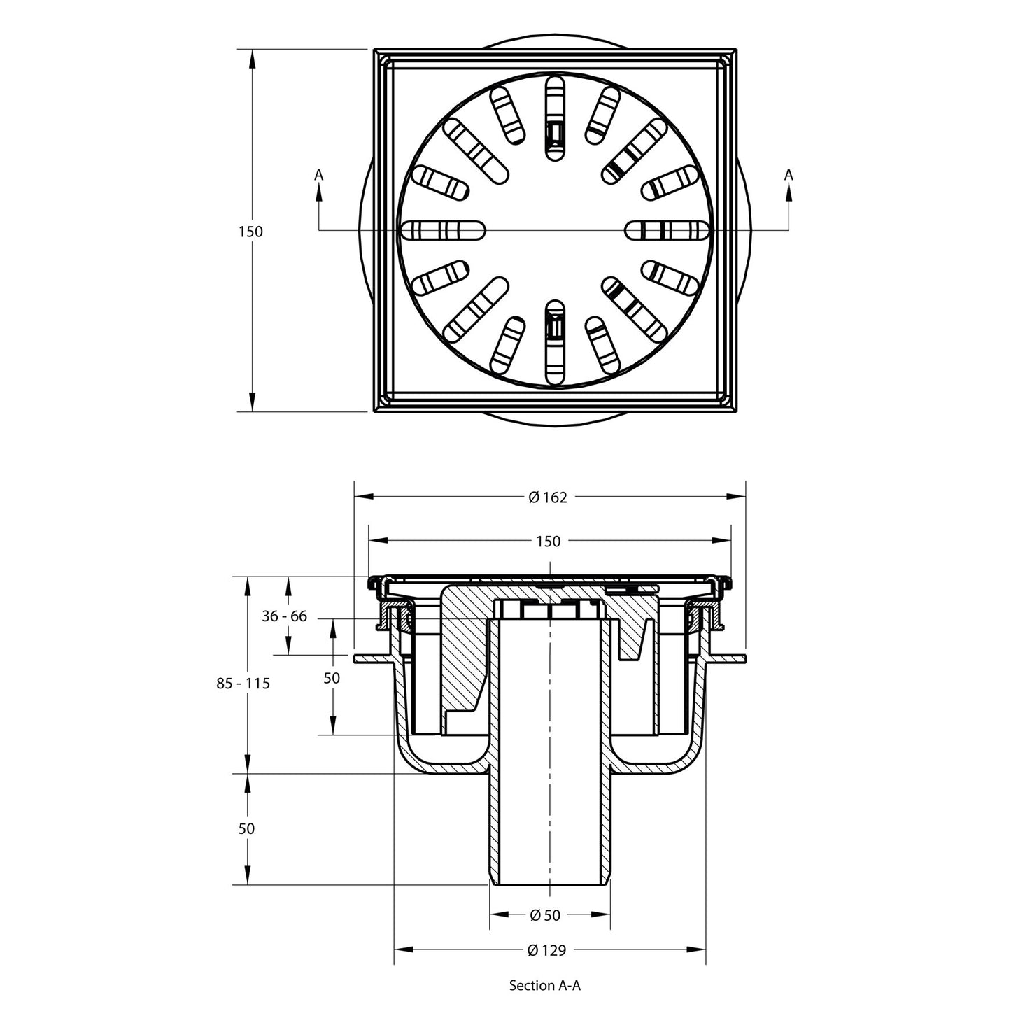 Floor drain with SS edge + grate, ABS/SS 304, vert. adj., 150x150mm, bottom outl 50mm, 1.0l/s, 3kN