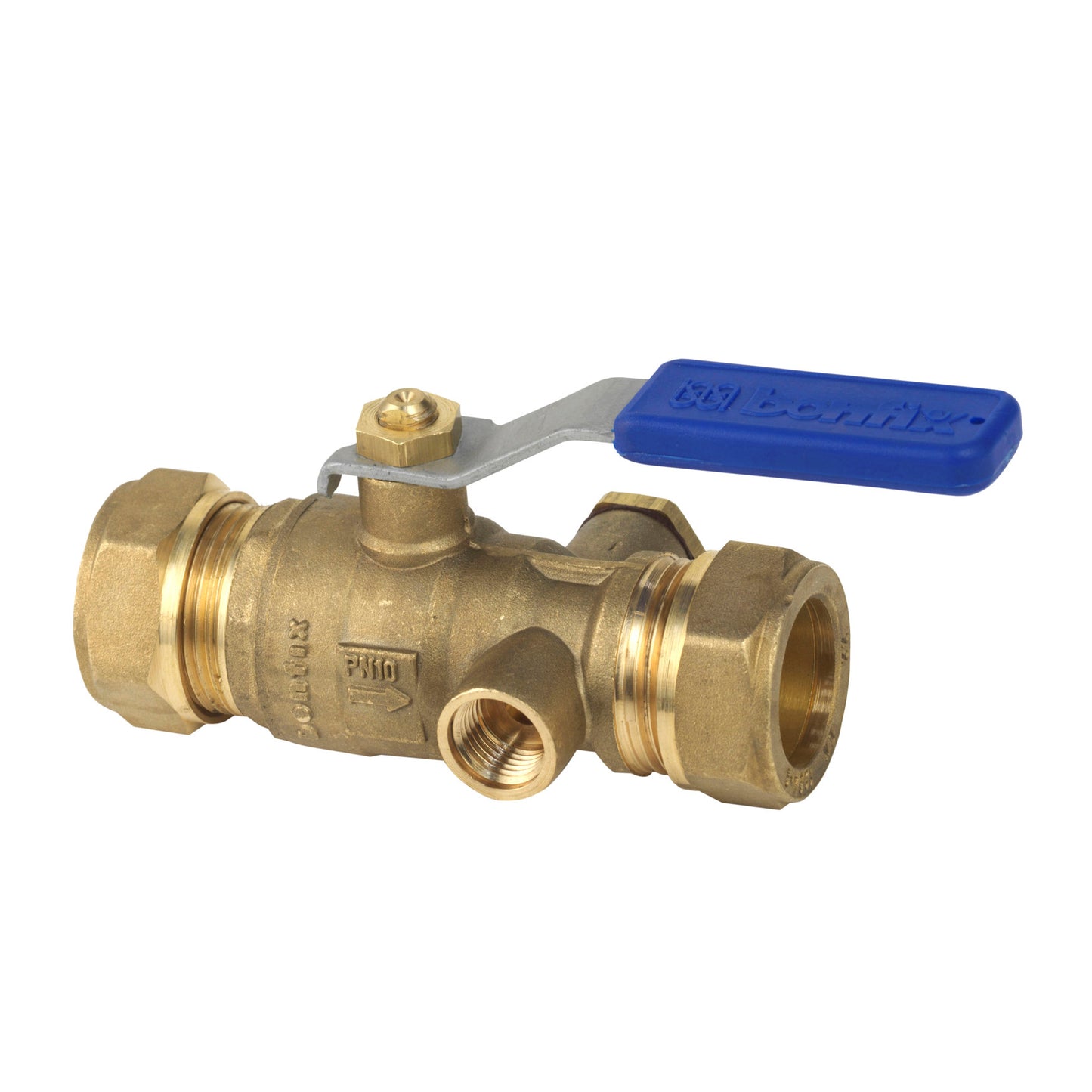 Bonfix ball valve with drainplug connection, brass, 2x compression, Kiwa, 10 bar, 15 mm