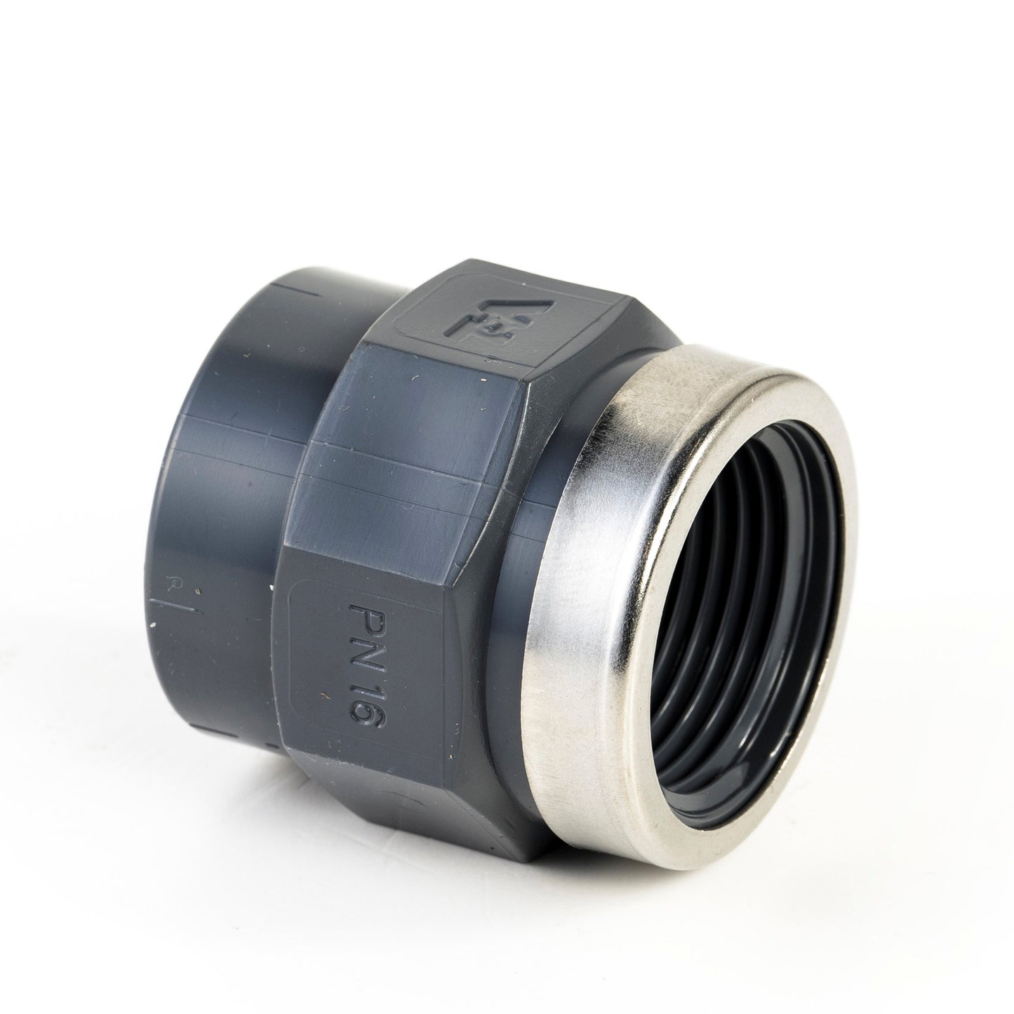 VDL threaded piece, PVC, internal glue x fem. thread, 16 bar, type B, 25 mm x ¾", + reinf. ring