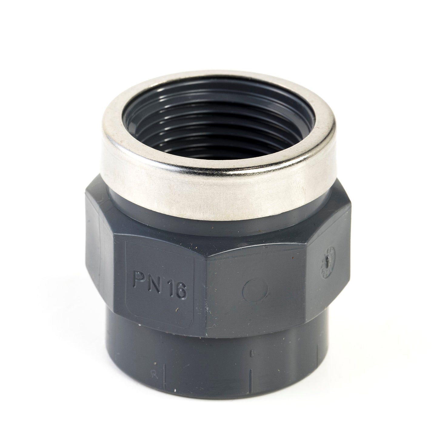 VDL threaded piece, PVC, internal glue x fem. thread, 16 bar, type B, 16 mm x 3/8",+ reinf. ring