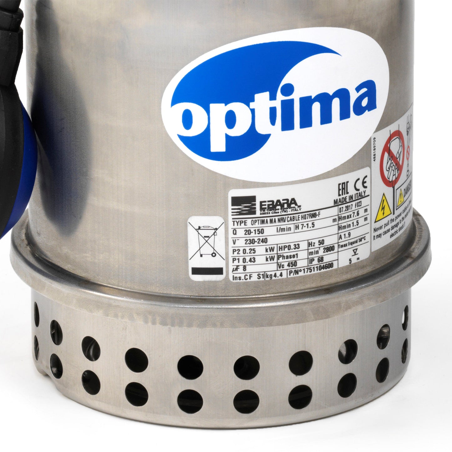 Ebara submersible pump for clean water and wastewater, SS, Optima MA, 0,25 kW, 230 V, float