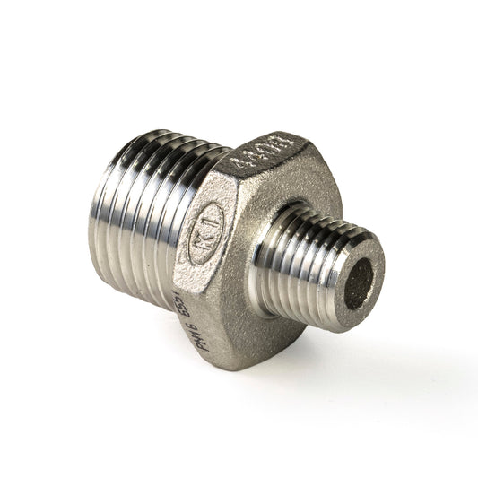 Double reducing nipple, stainless steel 316L, "lost wax", 2x male thread, BSP ¾" x ½"
