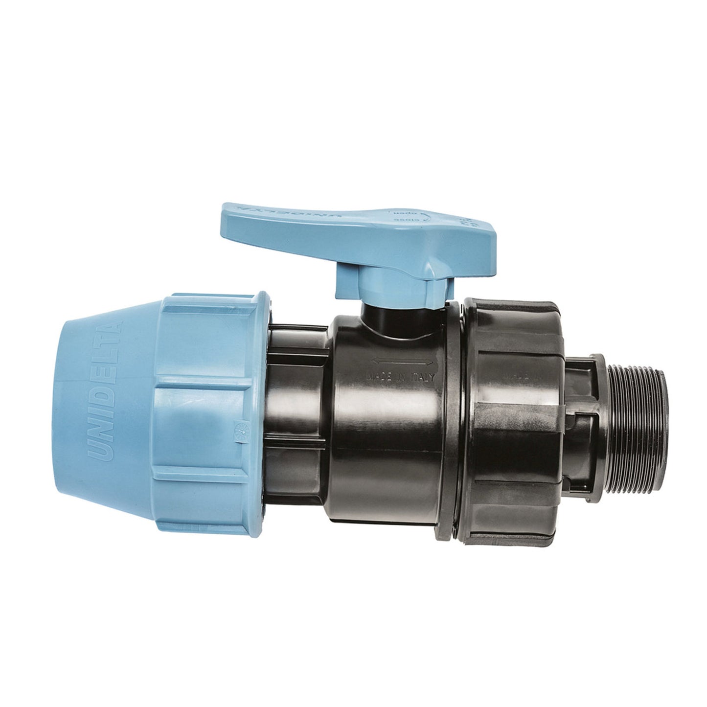Unidelta ball valve, PP, Kiwa, 16 bar, clamp x male thread, 32 mm x 1"