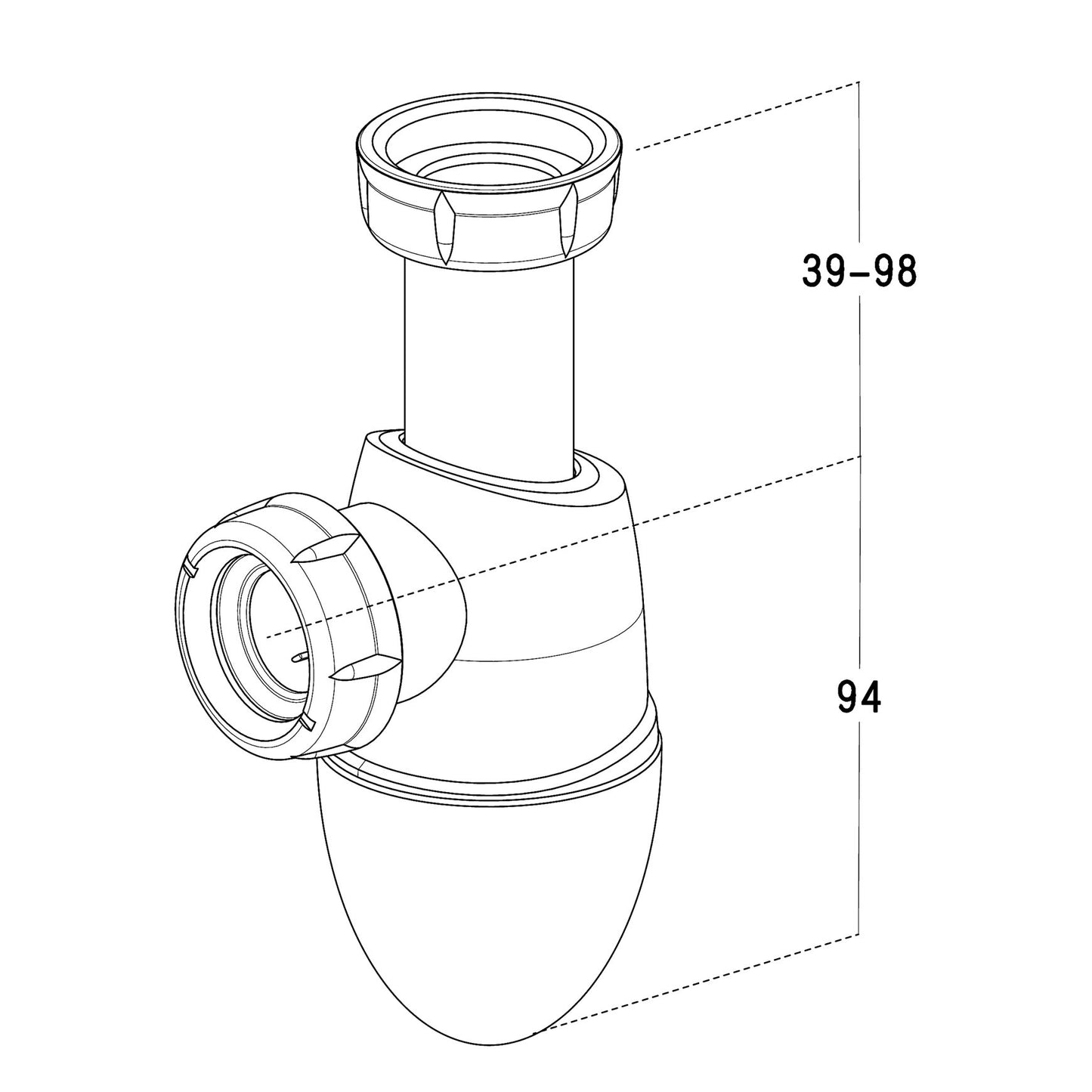 Nicoll bottle trap, type Easyphon, union nut x clamp, PP, white, 1¼" x 32 mm