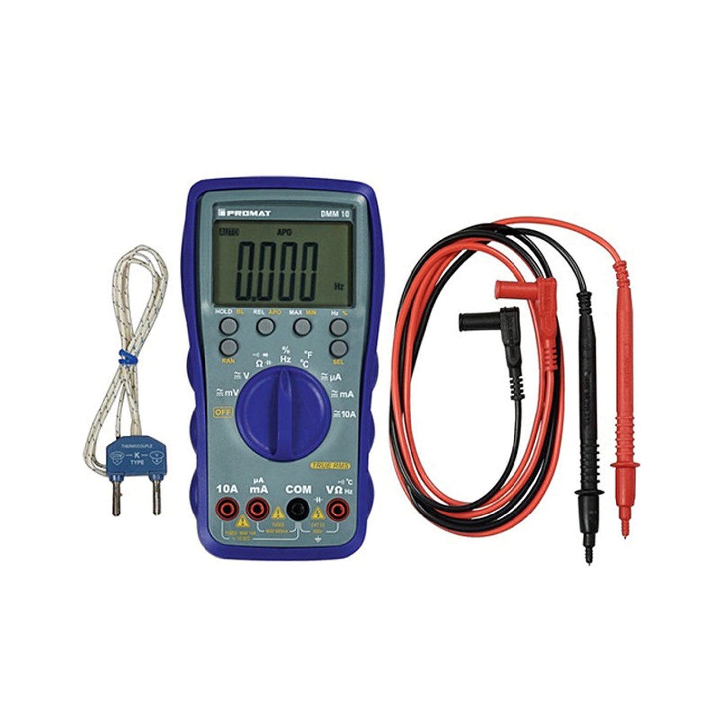 Promat multimeter, type DMM 10, 0-600 V AC/DC, voltage-resistance-temperature