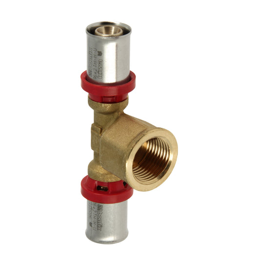 Bonfix Alu press threaded T-piece 90°, 2x press/1x female thread, Kiwa, 20 mm x ½" x 20 mm