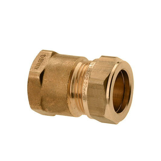 Bonfix female adapter, brass, female thread x compression, Kiwa / Gastec QA, 1" x 22 mm