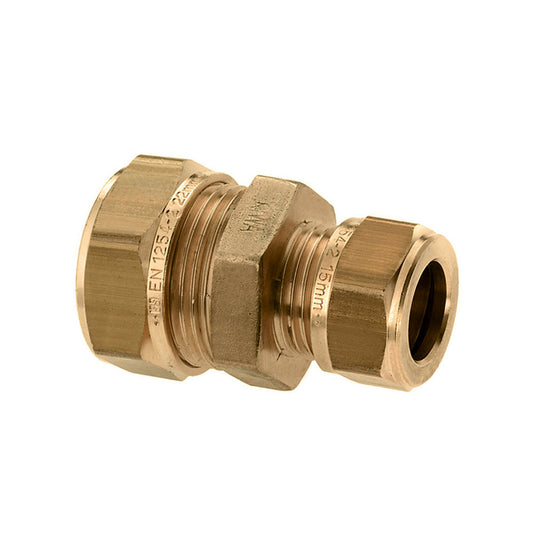 Bonfix straight reducing coupling, brass, 2x compression, Kiwa / Gastec QA, 28 x 22 mm