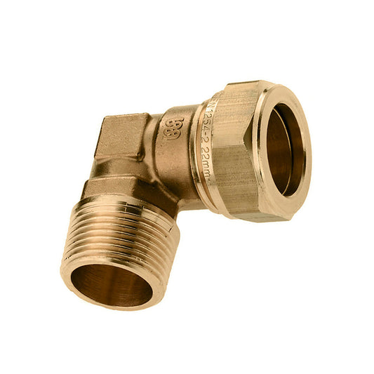 Bonfix threaded elbow 90°, brass, male thread x compression, Kiwa / Gastec QA, ¾" x 22 mm