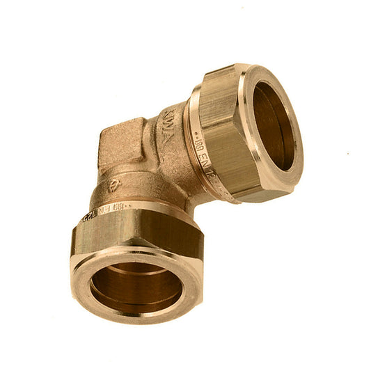 Bonfix elbow 90°, brass, 2x compression, Kiwa / Gastec QA, 28 mm