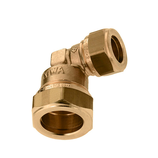 Bonfix reducing elbow 90°, brass, 2x compression, Kiwa / Gastec QA, 28 x 22 mm