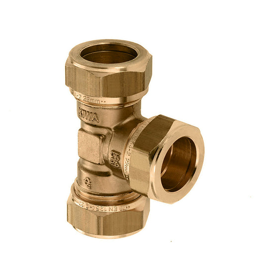 Bonfix T-piece 90°, brass, 3x compression, Kiwa / Gastec QA, 22 mm