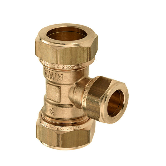 Bonfix reducing T-piece 90°, brass, 3x compression, Kiwa / Gastec QA, 22 x 15 x 22 mm