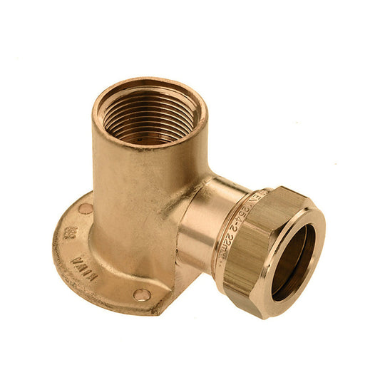 Bonfix wall plate elbow, brass, female thread x compression, Kiwa / Gastec QA, ½" x 15 mm