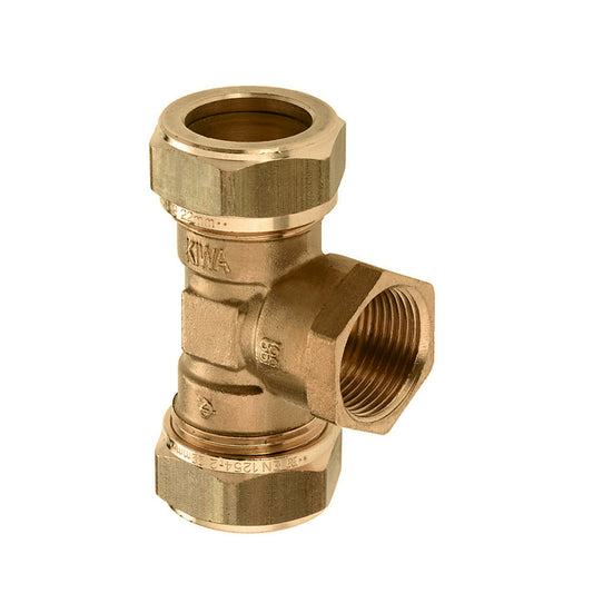 Bonfix screw T-piece 90°, brass, 2x compr / 1x female thread, Kiwa / Gastec QA, 22 mm x ½" x 22 mm